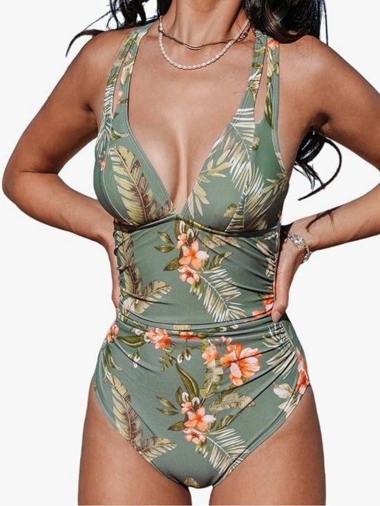 Cupshe Other - Cupshe Olive Green Tropical Floral One-Piece Swimsuit with Orange Blooms